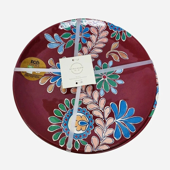 BUNGALOW Set of 4 Melamine 11" Dinner Plates Burgundy Floral Summer Table Decor - Picture 2 of 4